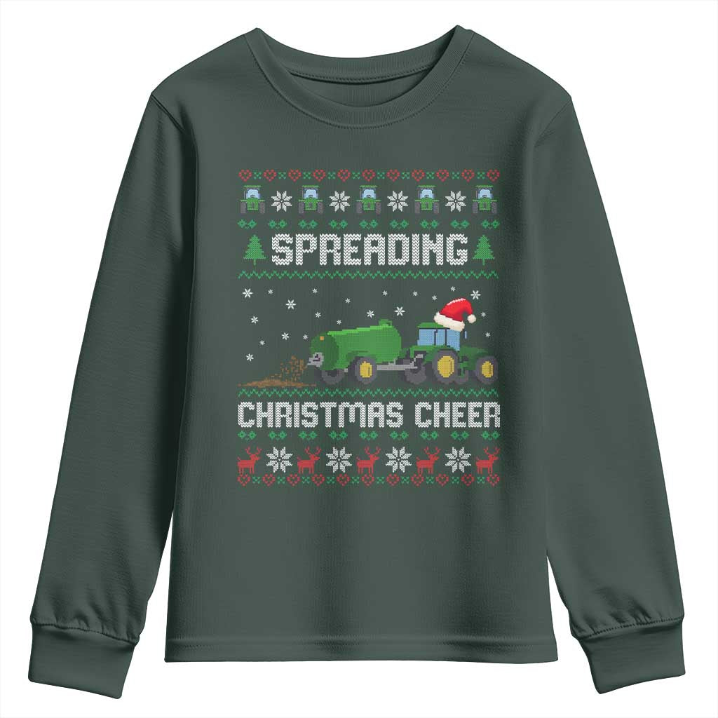 Spreading Christmas Cheer Youth Sweatshirt Funny Farming Tractor Xmas TS11 Dark Forest Green Print Your Wear