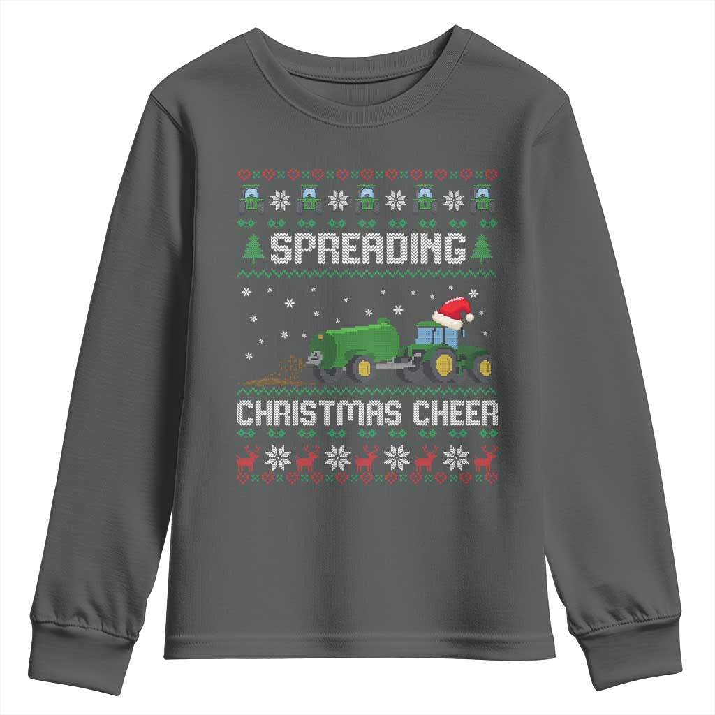 Spreading Christmas Cheer Youth Sweatshirt Funny Farming Tractor Xmas TS11 Dark Heather Print Your Wear