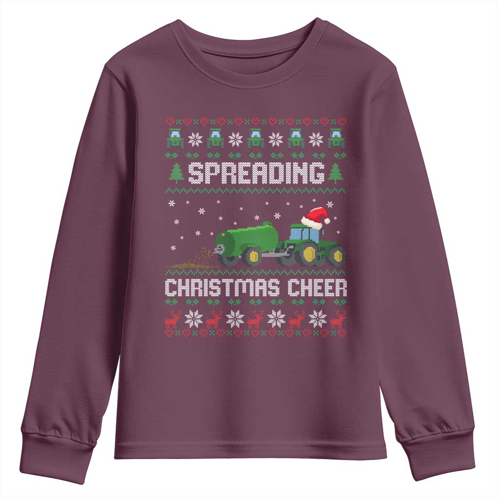 Spreading Christmas Cheer Youth Sweatshirt Funny Farming Tractor Xmas TS11 Maroon Print Your Wear