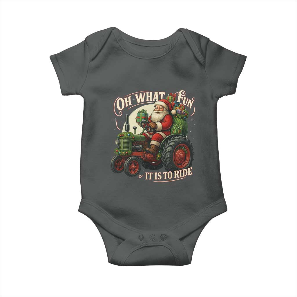 Funny Christmas Farmer Baby Onesie Oh What Fun It Is To Ride Santa Farm Tractor TS11 Dark Heather Print Your Wear