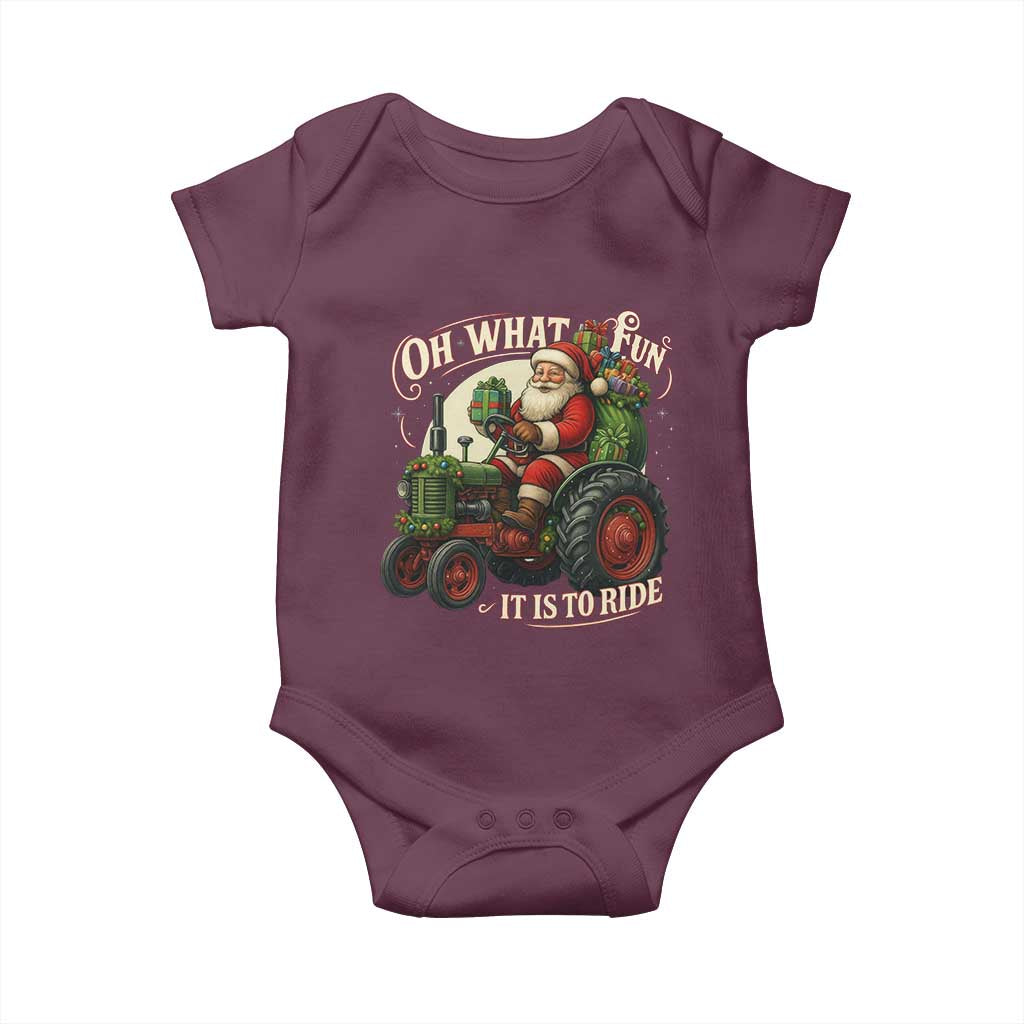 Funny Christmas Farmer Baby Onesie Oh What Fun It Is To Ride Santa Farm Tractor TS11 Maroon Print Your Wear