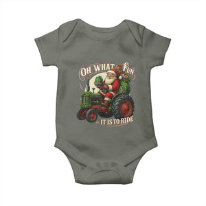 Funny Christmas Farmer Baby Onesie Oh What Fun It Is To Ride Santa Farm Tractor TS11 Military Green Print Your Wear