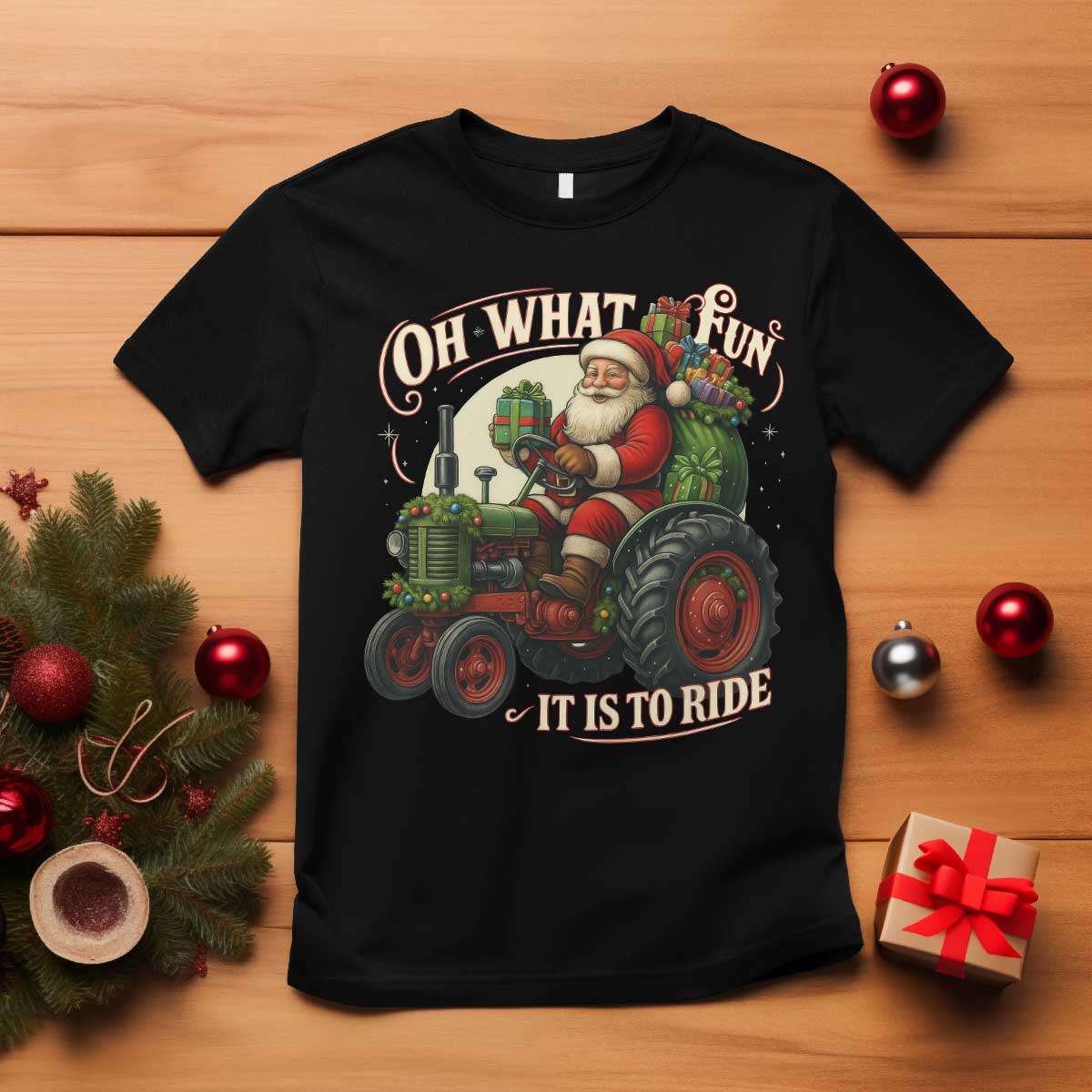 Funny Christmas Farmer T Shirt Oh What Fun It Is To Ride Santa Farm Tractor TS11 Black Print Your Wear