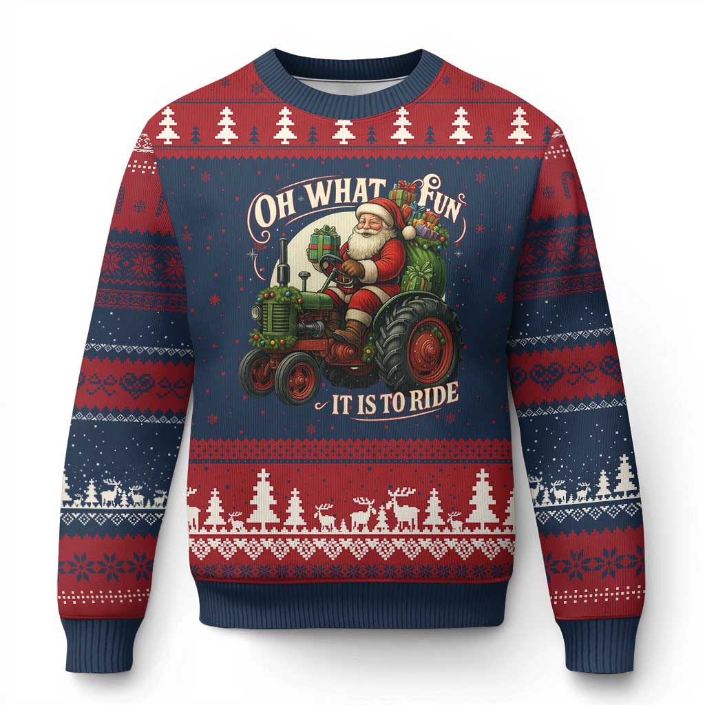 Funny Xmas Farmer Ugly Christmas Sweater Oh What Fun It Is To Ride Santa Farm Tractor TS11 Navy Red Print Your Wear