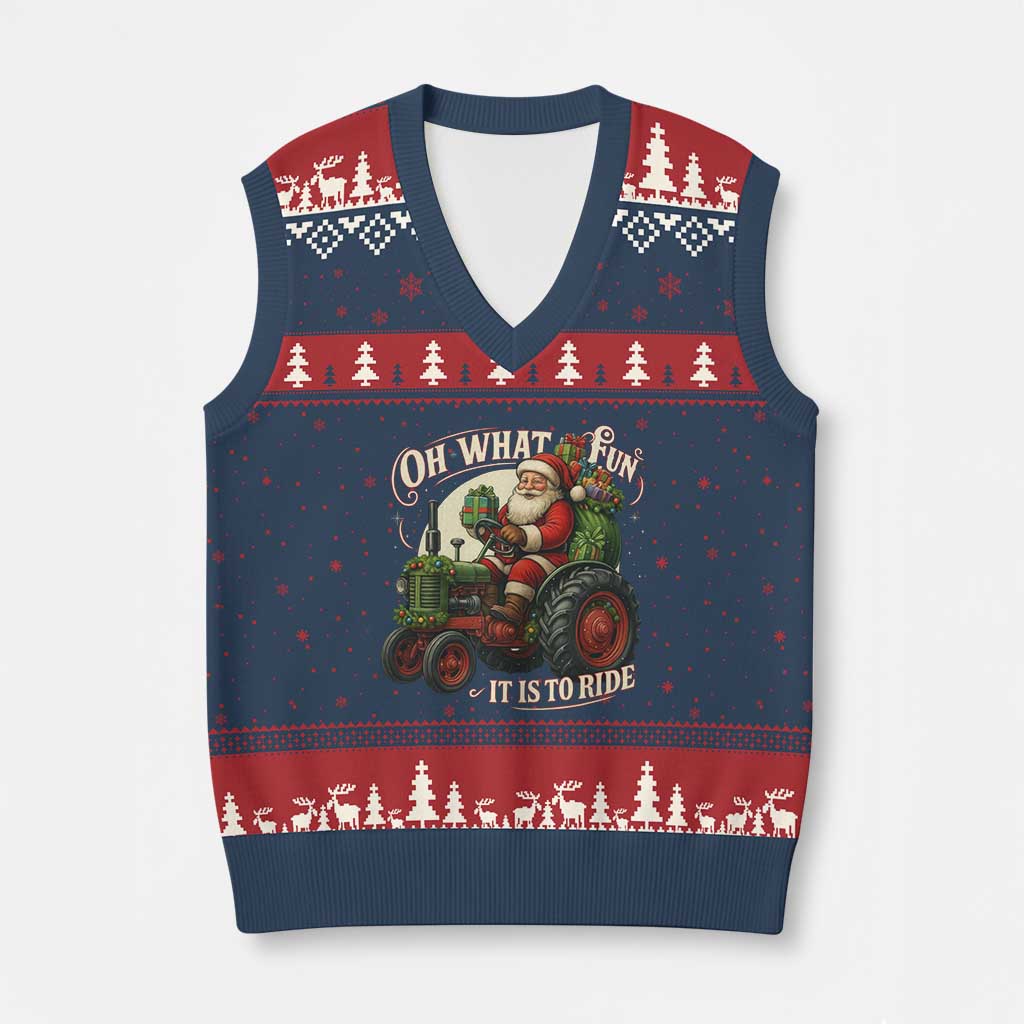 Funny Xmas Farmer V-Neck Knit Sweater Vest Oh What Fun It Is To Ride Santa Farm Tractor TS11 Navy Red Print Your Wear