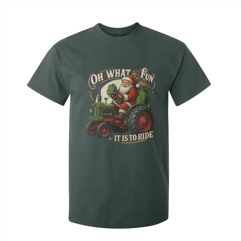 Funny Christmas Farmer T Shirt For Kid Oh What Fun It Is To Ride Santa Farm Tractor TS11 Dark Forest Green Print Your Wear