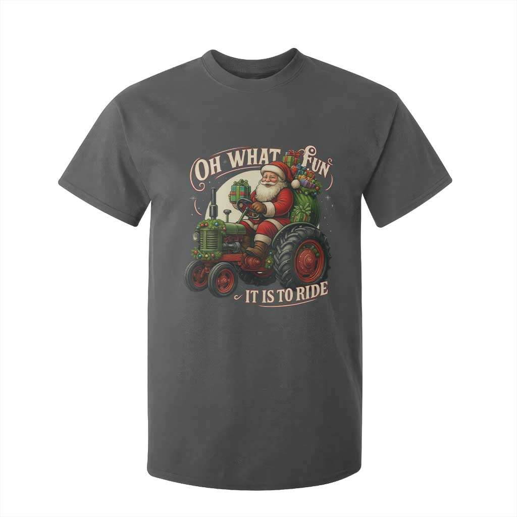 Funny Christmas Farmer T Shirt For Kid Oh What Fun It Is To Ride Santa Farm Tractor TS11 Dark Heather Print Your Wear