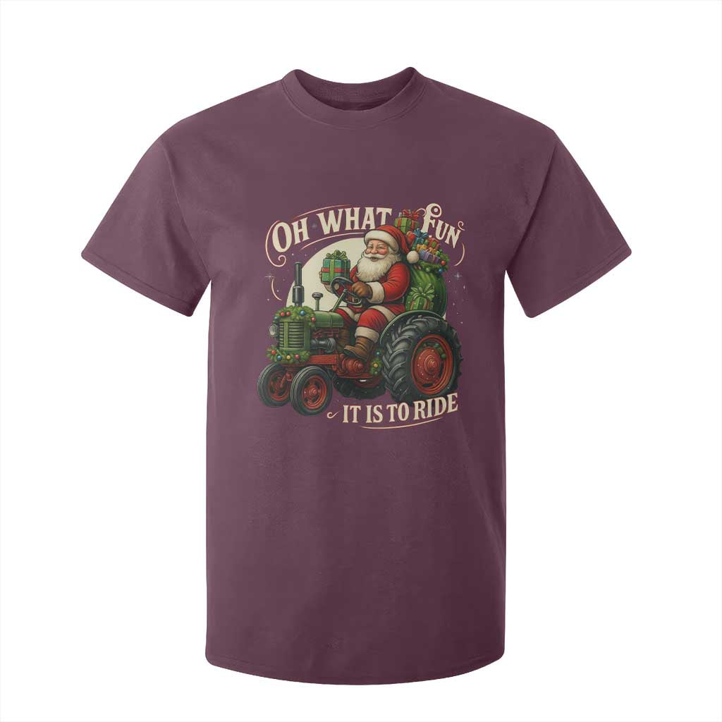 Funny Christmas Farmer T Shirt For Kid Oh What Fun It Is To Ride Santa Farm Tractor TS11 Maroon Print Your Wear