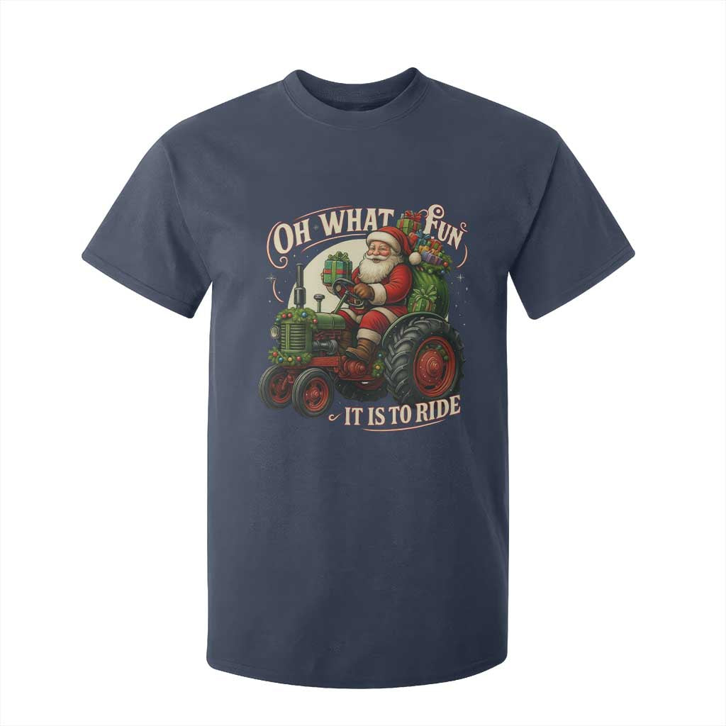Funny Christmas Farmer T Shirt For Kid Oh What Fun It Is To Ride Santa Farm Tractor TS11 Navy Print Your Wear