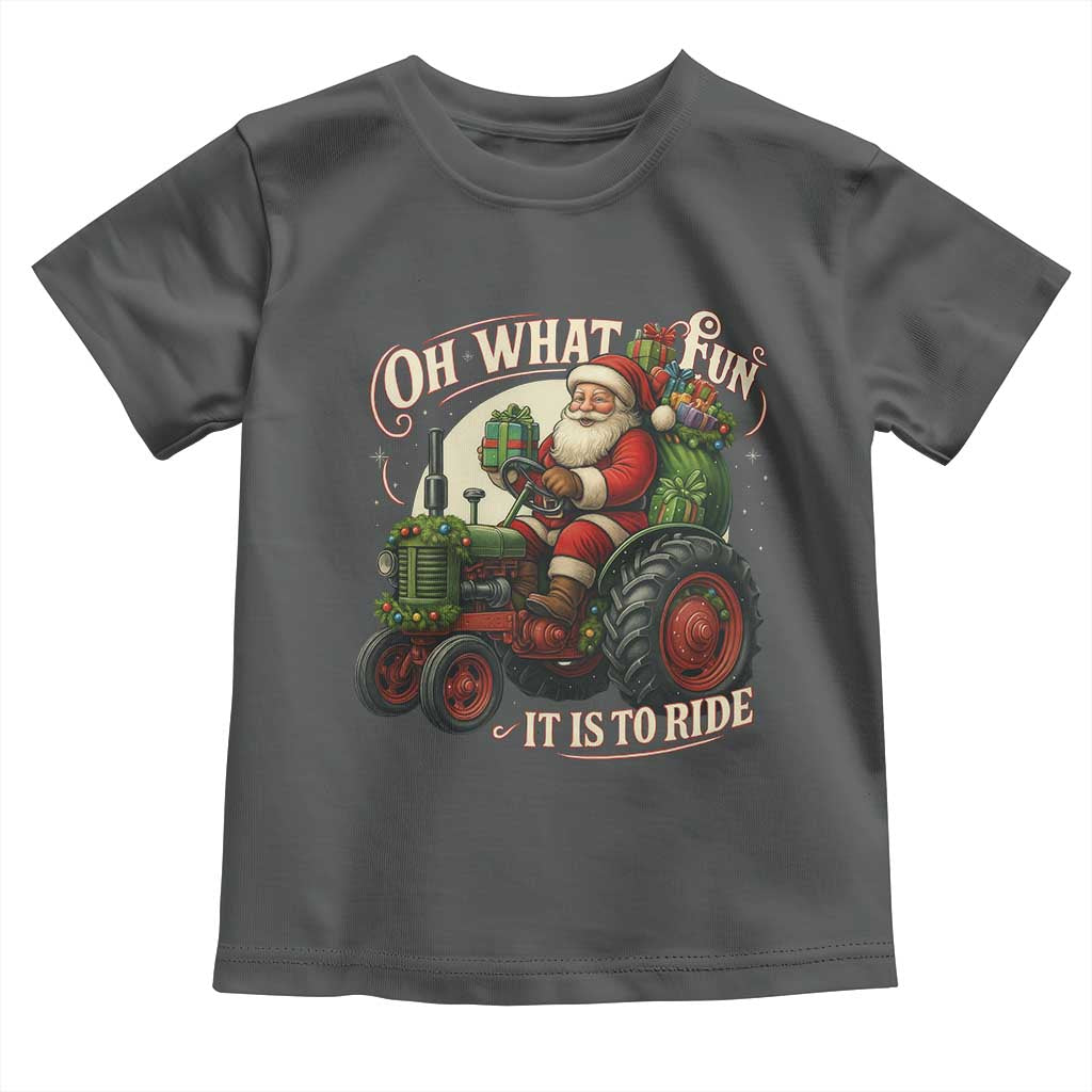 Funny Christmas Farmer Toddler T Shirt Oh What Fun It Is To Ride Santa Farm Tractor TS11 Dark Heather Print Your Wear