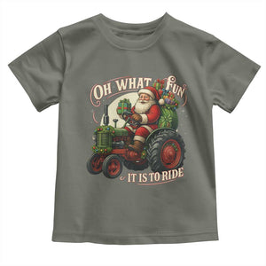 Funny Christmas Farmer Toddler T Shirt Oh What Fun It Is To Ride Santa Farm Tractor TS11 Military Green Print Your Wear