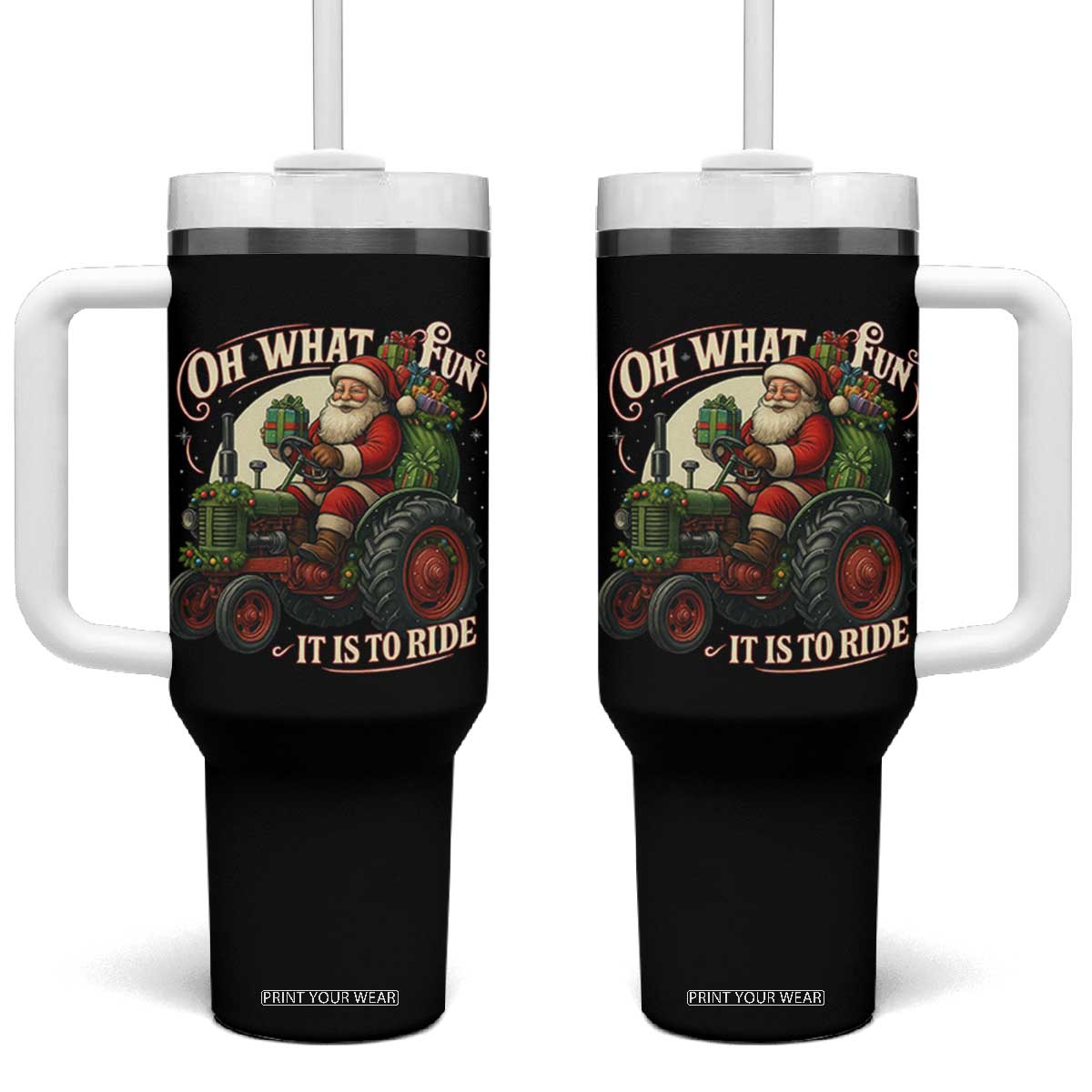 Funny Christmas Farmer Tumbler With Handle Oh What Fun It Is To Ride Santa Farm Tractor TS11 One Size: 40 oz Black Print Your Wear