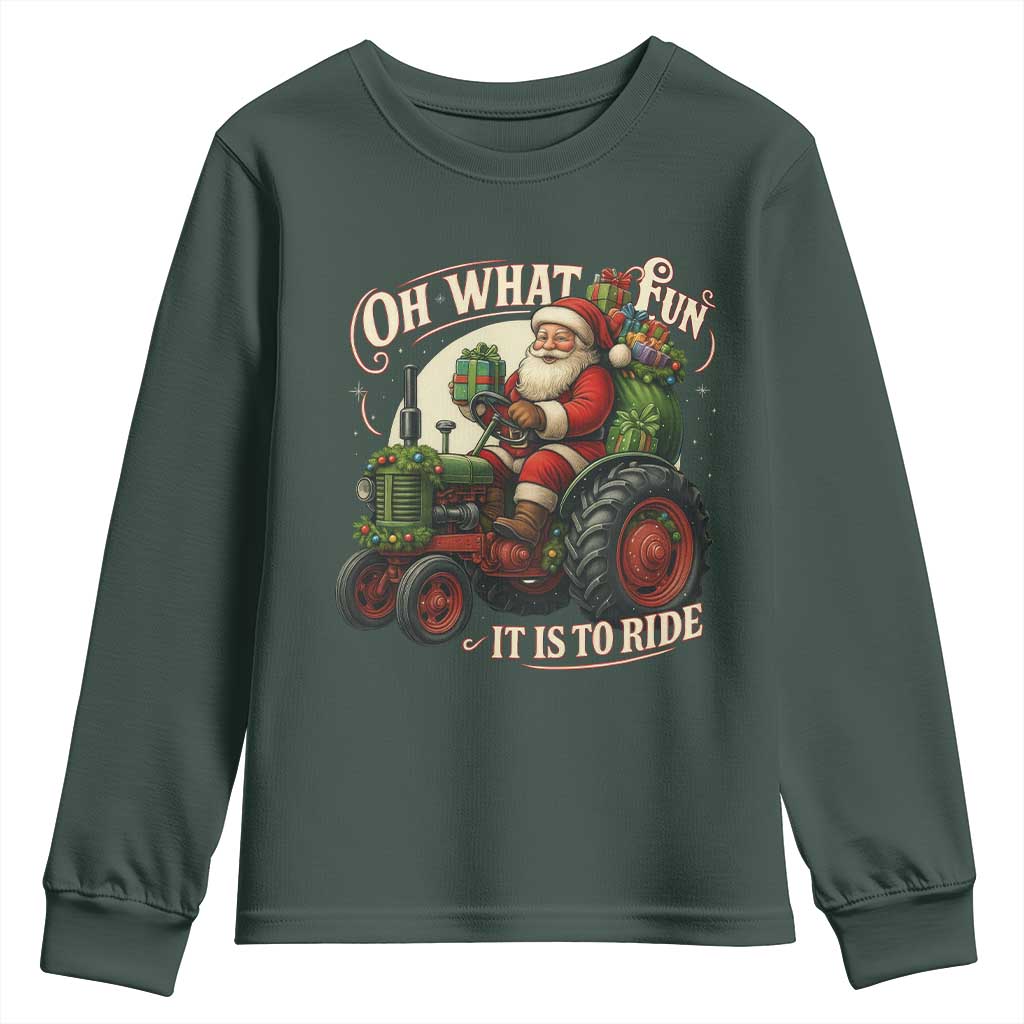 Funny Christmas Farmer Youth Sweatshirt Oh What Fun It Is To Ride Santa Farm Tractor TS11 Dark Forest Green Print Your Wear