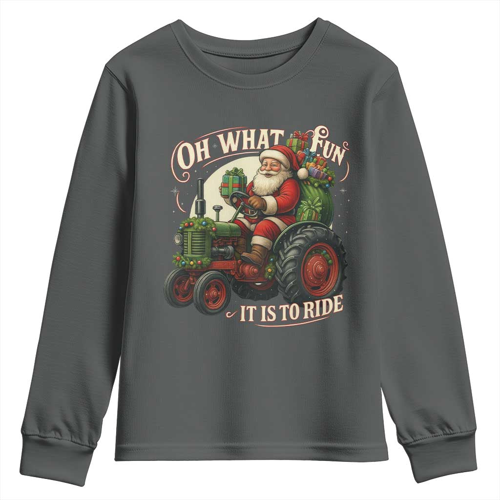 Funny Christmas Farmer Youth Sweatshirt Oh What Fun It Is To Ride Santa Farm Tractor TS11 Dark Heather Print Your Wear