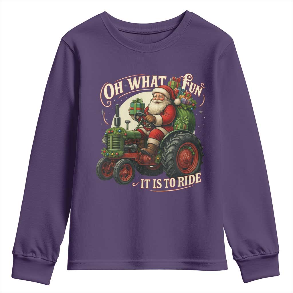 Funny Christmas Farmer Youth Sweatshirt Oh What Fun It Is To Ride Santa Farm Tractor TS11 Purple Print Your Wear