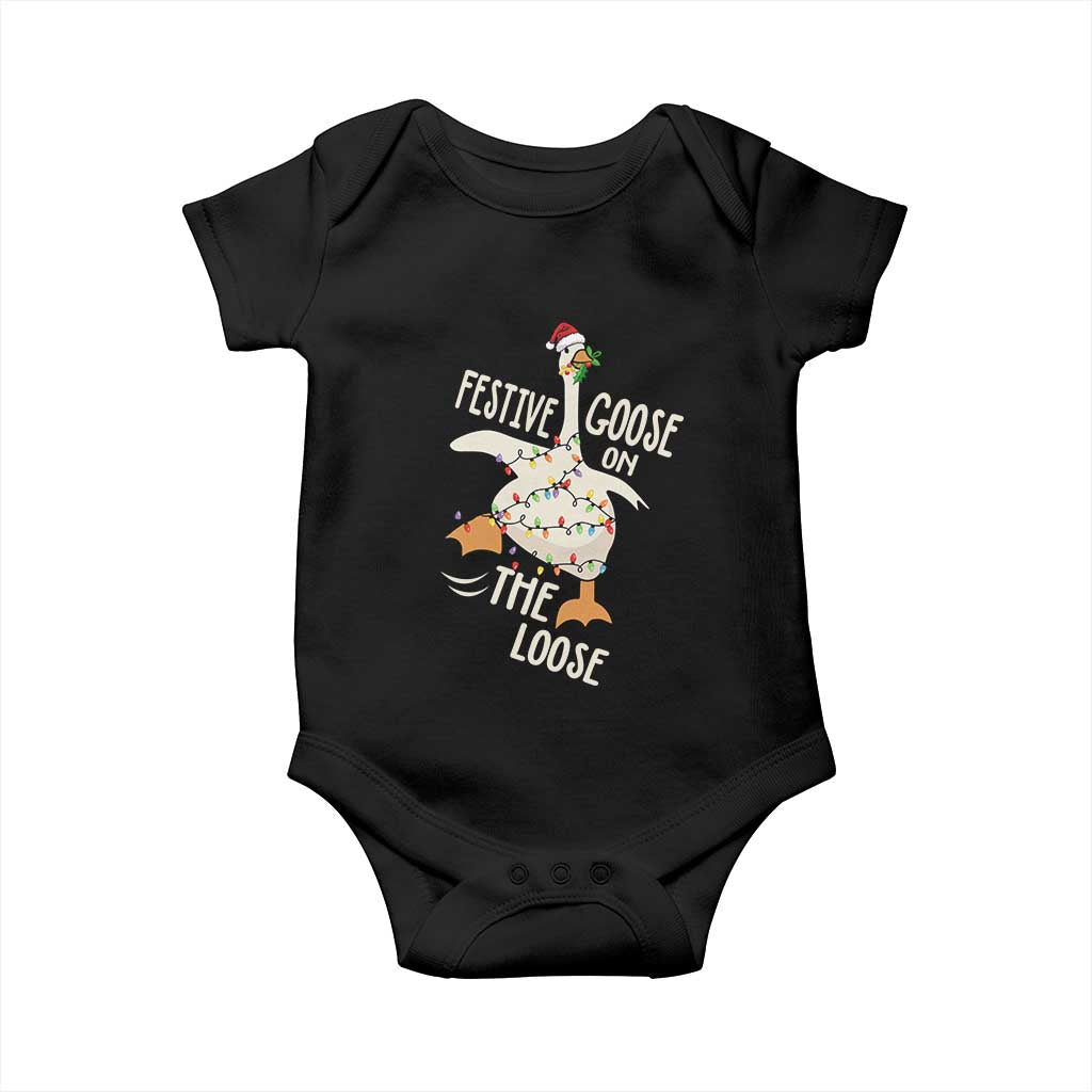 Funny Goose Christmas Baby Onesie Festive Goose On The Loose Xmas Lights TS11 Black Print Your Wear