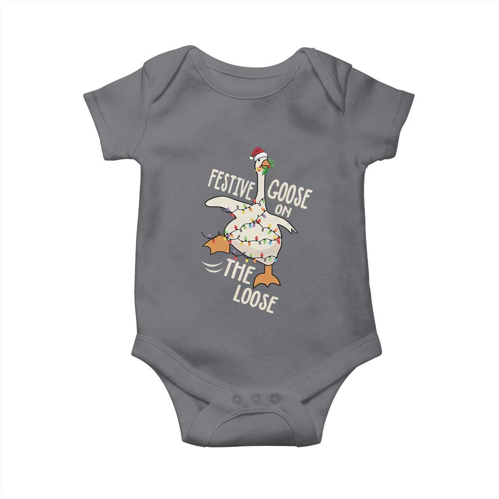 Funny Goose Christmas Baby Onesie Festive Goose On The Loose Xmas Lights TS11 Charcoal Print Your Wear