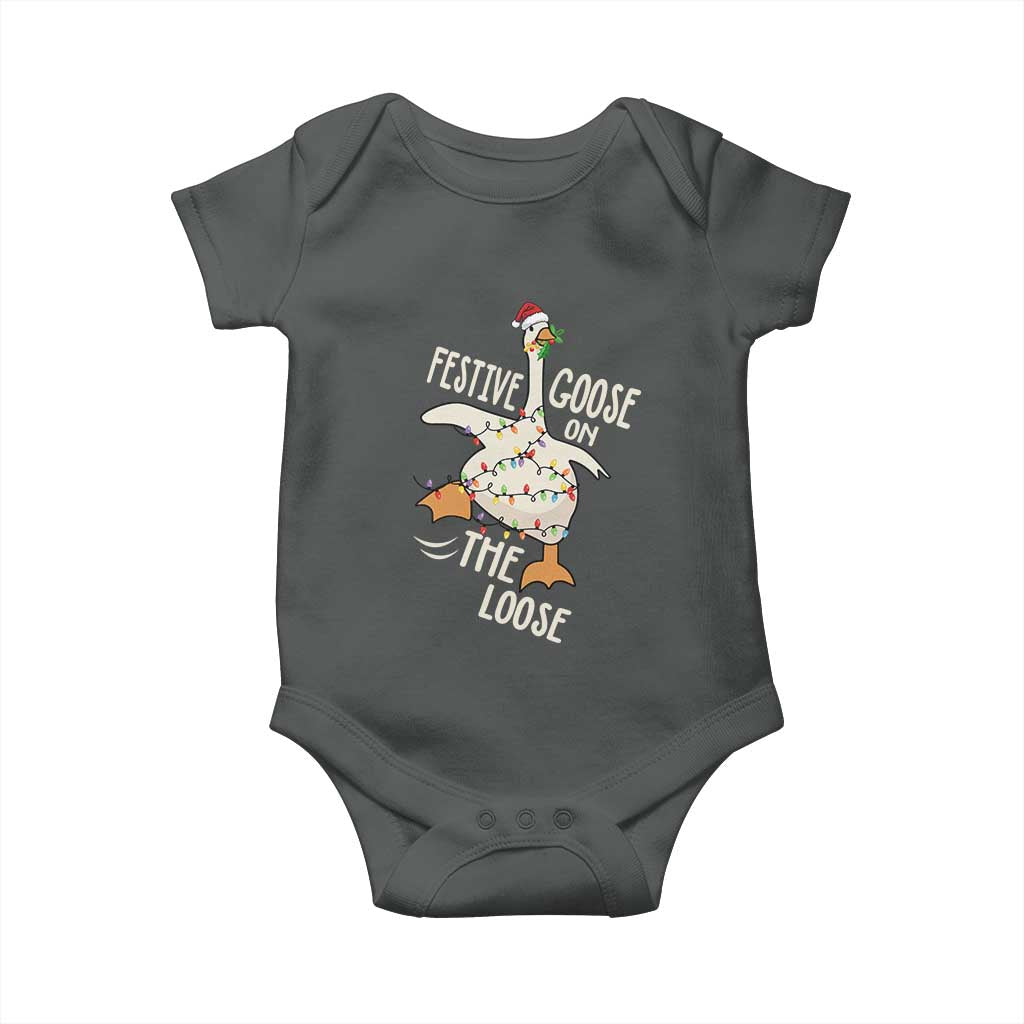 Funny Goose Christmas Baby Onesie Festive Goose On The Loose Xmas Lights TS11 Dark Heather Print Your Wear