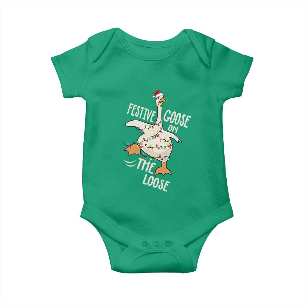 Funny Goose Christmas Baby Onesie Festive Goose On The Loose Xmas Lights TS11 Irish Green Print Your Wear