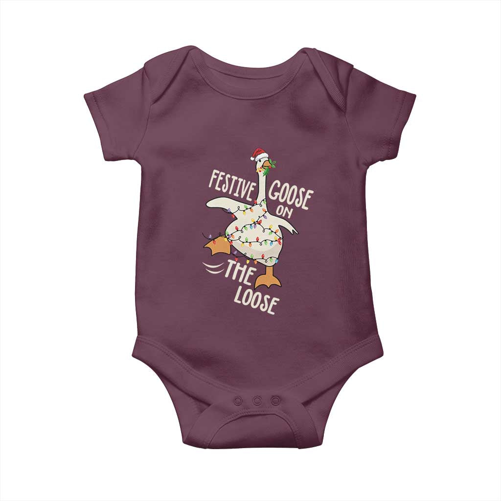 Funny Goose Christmas Baby Onesie Festive Goose On The Loose Xmas Lights TS11 Maroon Print Your Wear
