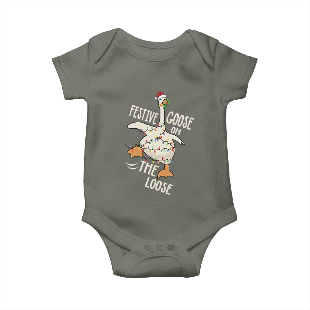 Funny Goose Christmas Baby Onesie Festive Goose On The Loose Xmas Lights TS11 Military Green Print Your Wear