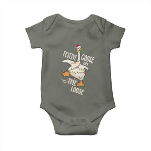 Funny Goose Christmas Baby Onesie Festive Goose On The Loose Xmas Lights TS11 Military Green Print Your Wear