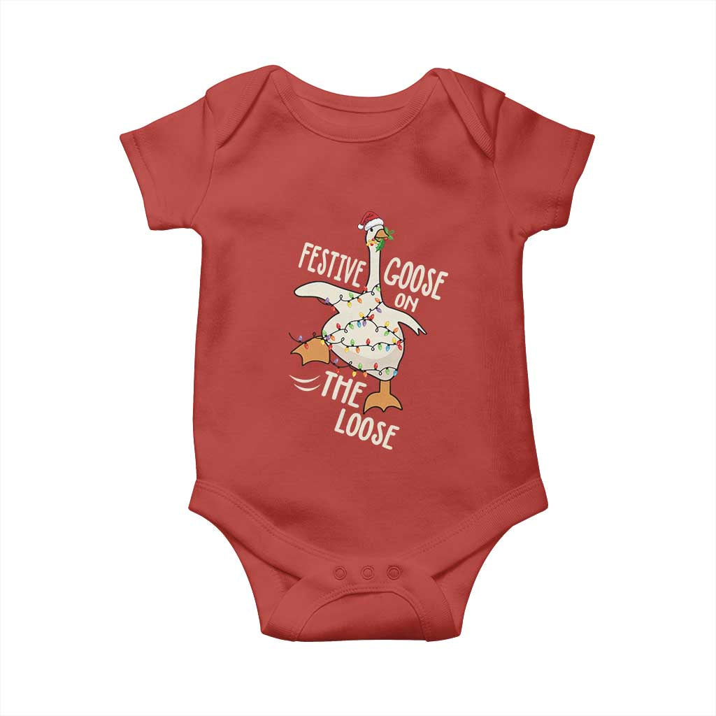 Funny Goose Christmas Baby Onesie Festive Goose On The Loose Xmas Lights TS11 Red Print Your Wear