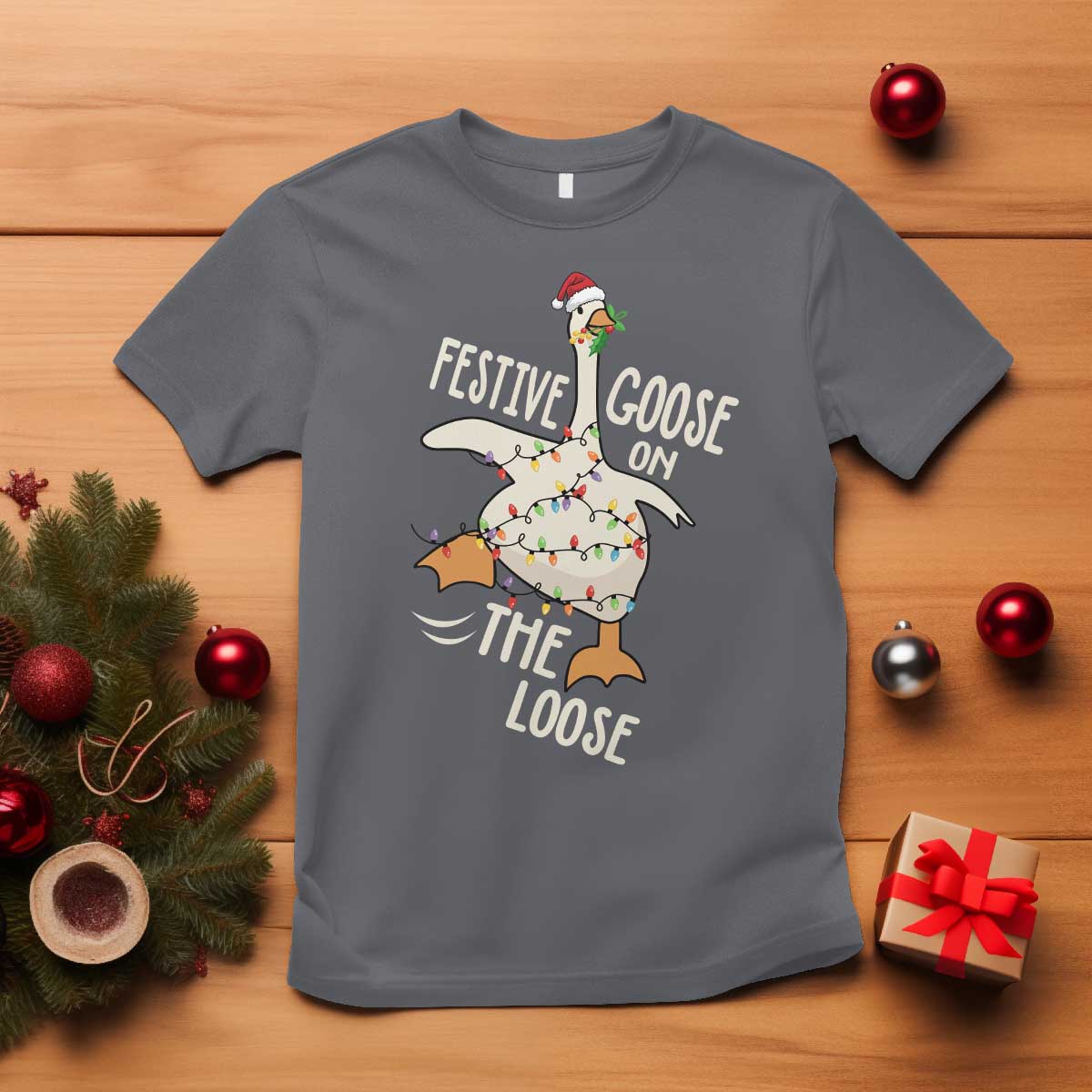 Funny Goose Christmas T Shirt Festive Goose On The Loose Xmas Lights TS11 Charcoal Print Your Wear