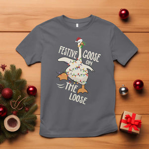 Funny Goose Christmas T Shirt Festive Goose On The Loose Xmas Lights TS11 Charcoal Print Your Wear