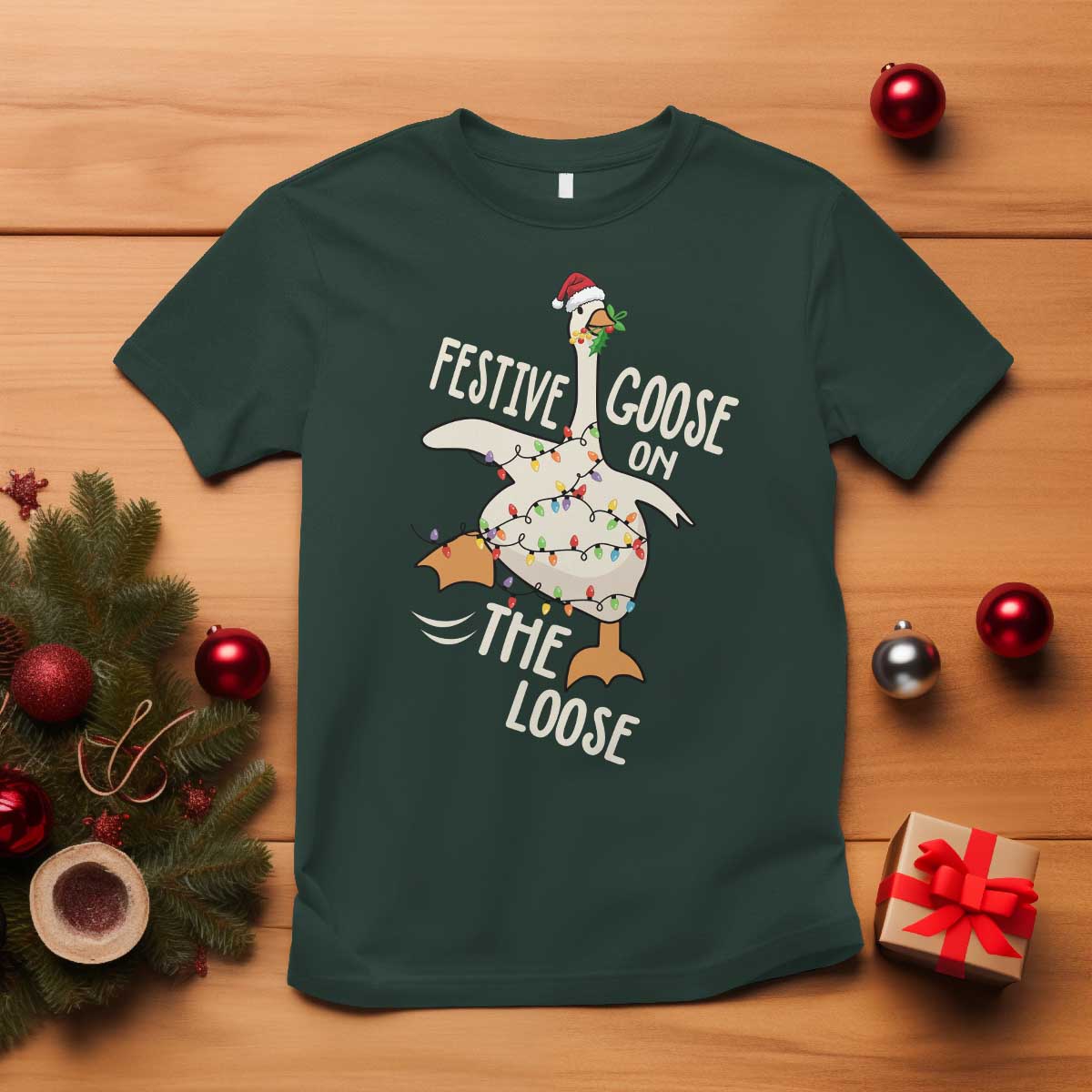 Funny Goose Christmas T Shirt Festive Goose On The Loose Xmas Lights TS11 Dark Forest Green Print Your Wear