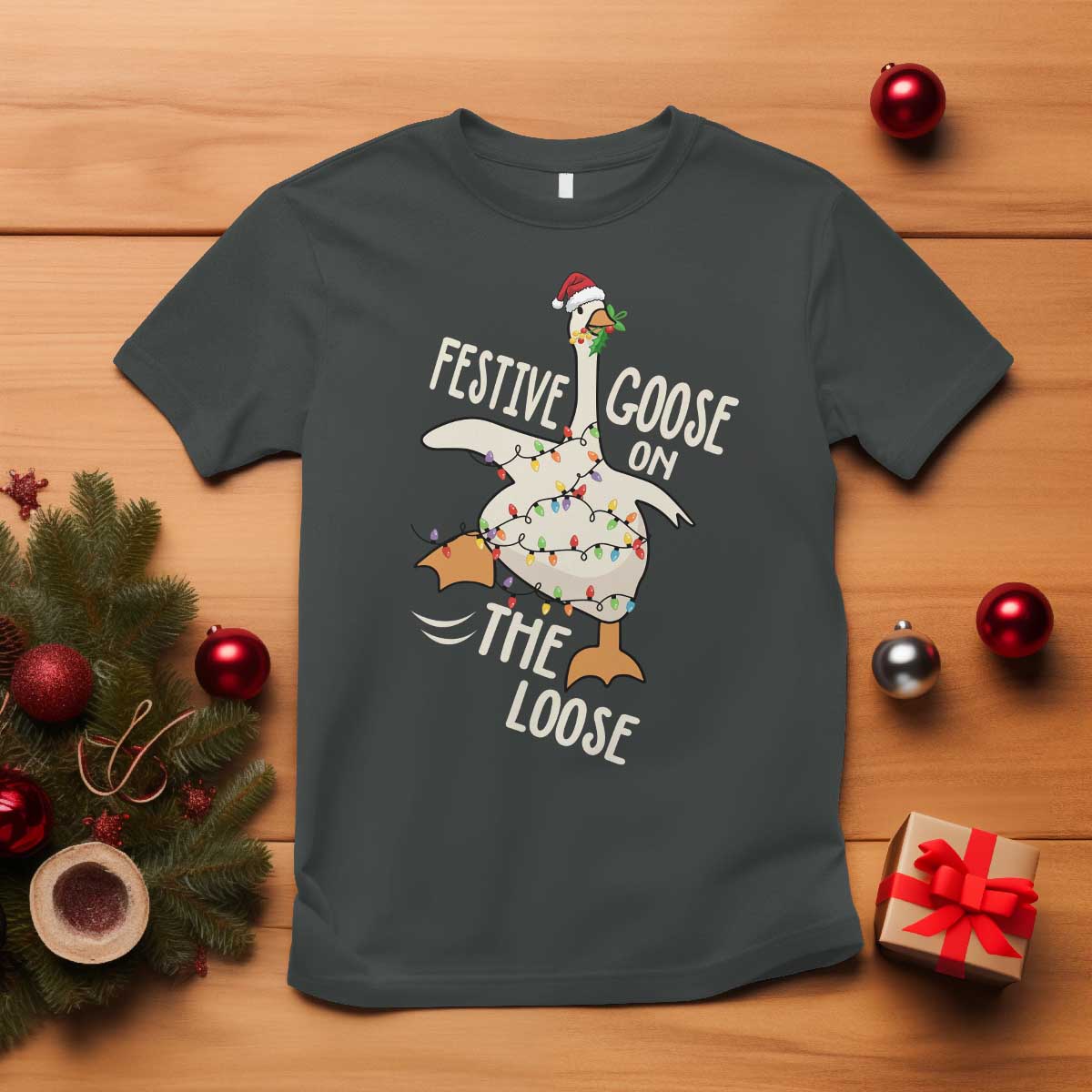 Funny Goose Christmas T Shirt Festive Goose On The Loose Xmas Lights TS11 Dark Heather Print Your Wear