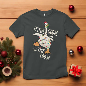 Funny Goose Christmas T Shirt Festive Goose On The Loose Xmas Lights TS11 Dark Heather Print Your Wear
