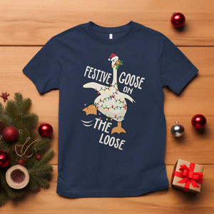 Funny Goose Christmas T Shirt Festive Goose On The Loose Xmas Lights TS11 Navy Print Your Wear
