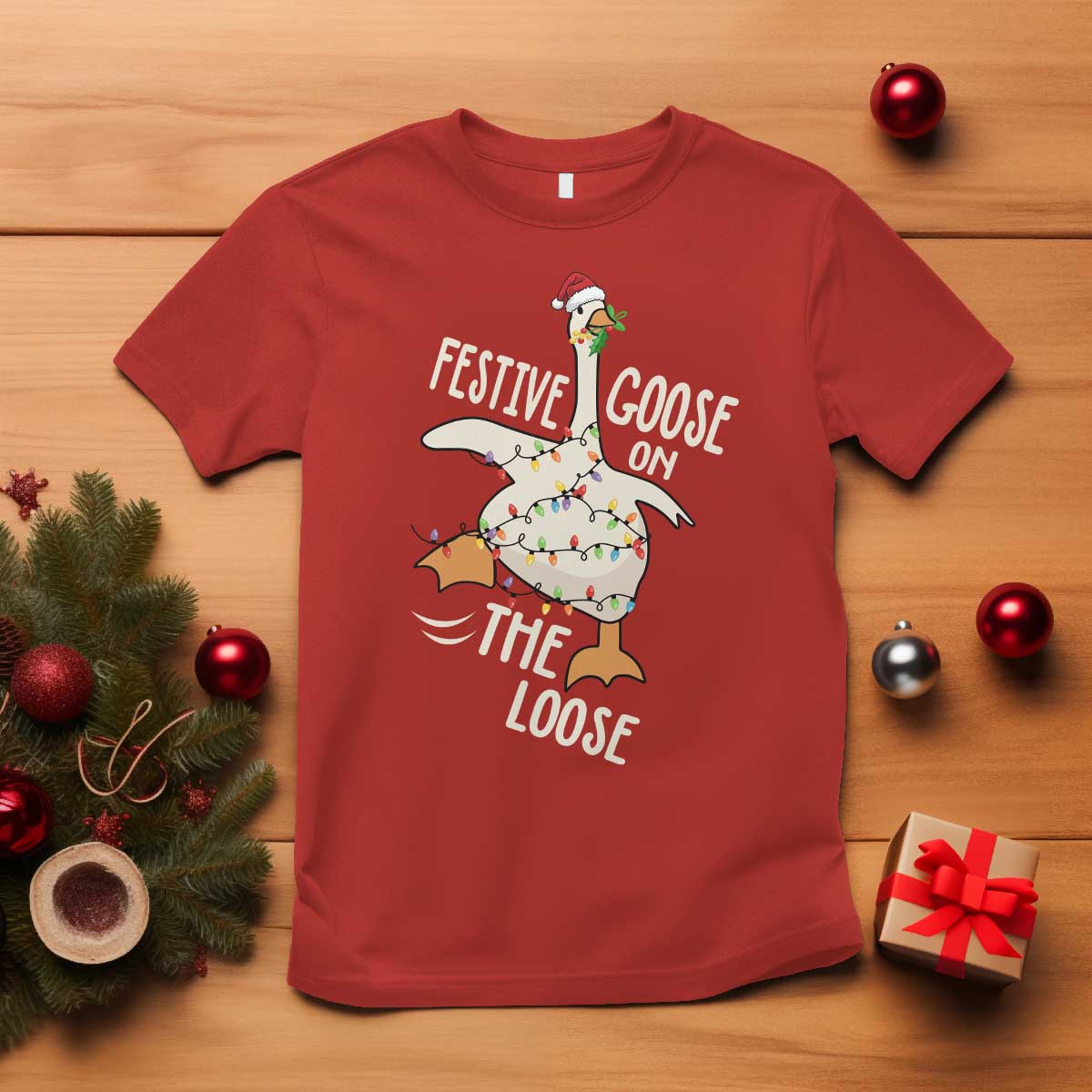 Funny Goose Christmas T Shirt Festive Goose On The Loose Xmas Lights TS11 Red Print Your Wear