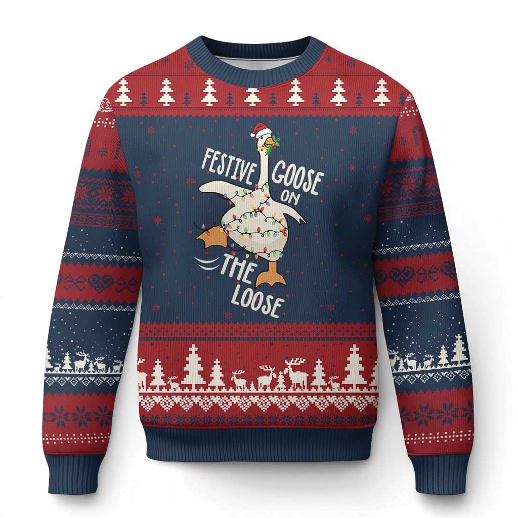 Funny Goose Xmas Ugly Christmas Sweater Festive Goose On The Loose Xmas Lights TS11 Navy Red Print Your Wear