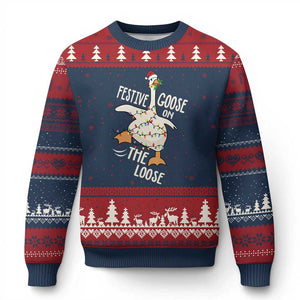 Funny Goose Xmas Ugly Christmas Sweater Festive Goose On The Loose Xmas Lights TS11 Navy Red Print Your Wear