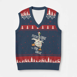 Funny Goose Xmas V-Neck Knit Sweater Vest Festive Goose On The Loose Xmas Lights TS11 Navy Red Print Your Wear