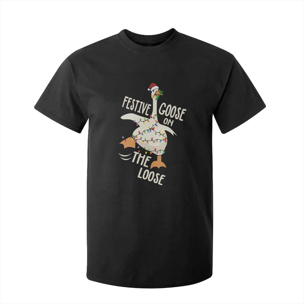 Funny Goose Christmas T Shirt For Kid Festive Goose On The Loose Xmas Lights TS11 Black Print Your Wear