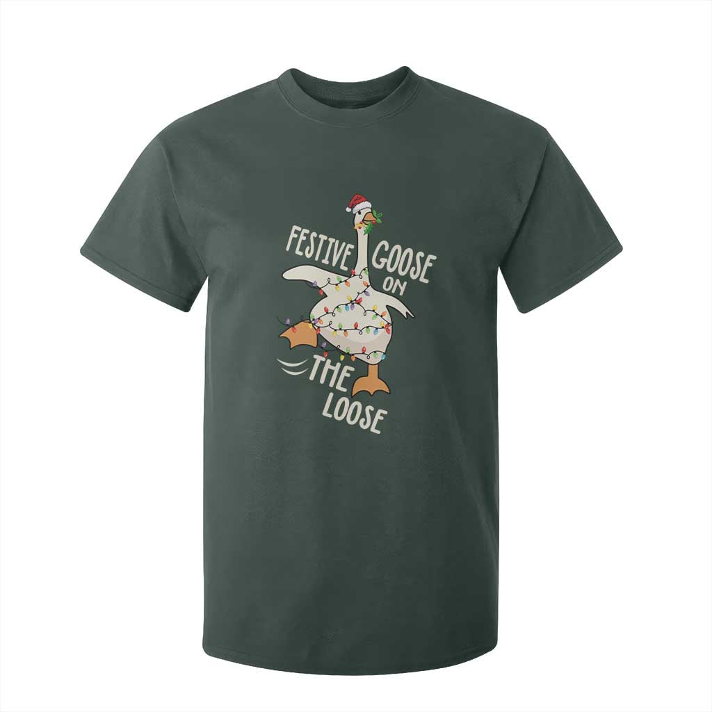 Funny Goose Christmas T Shirt For Kid Festive Goose On The Loose Xmas Lights TS11 Dark Forest Green Print Your Wear