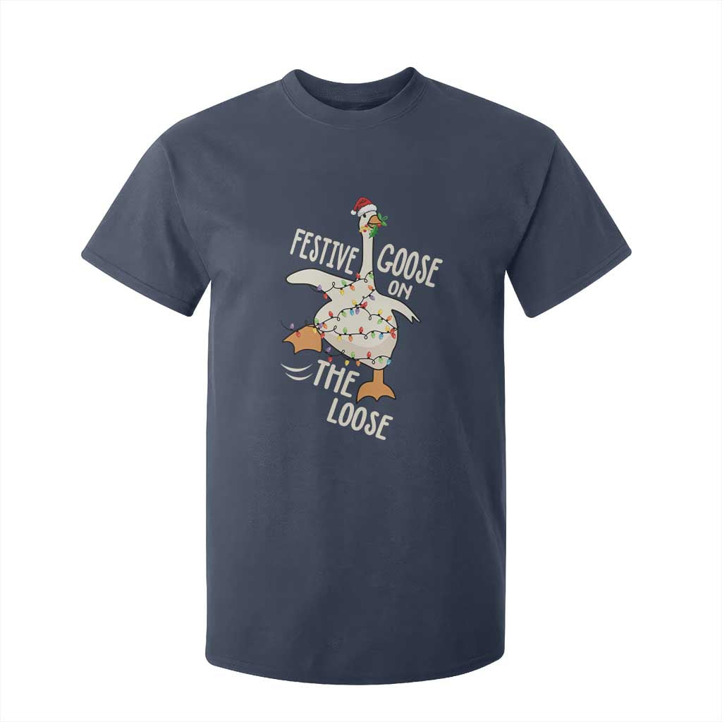 Funny Goose Christmas T Shirt For Kid Festive Goose On The Loose Xmas Lights TS11 Navy Print Your Wear
