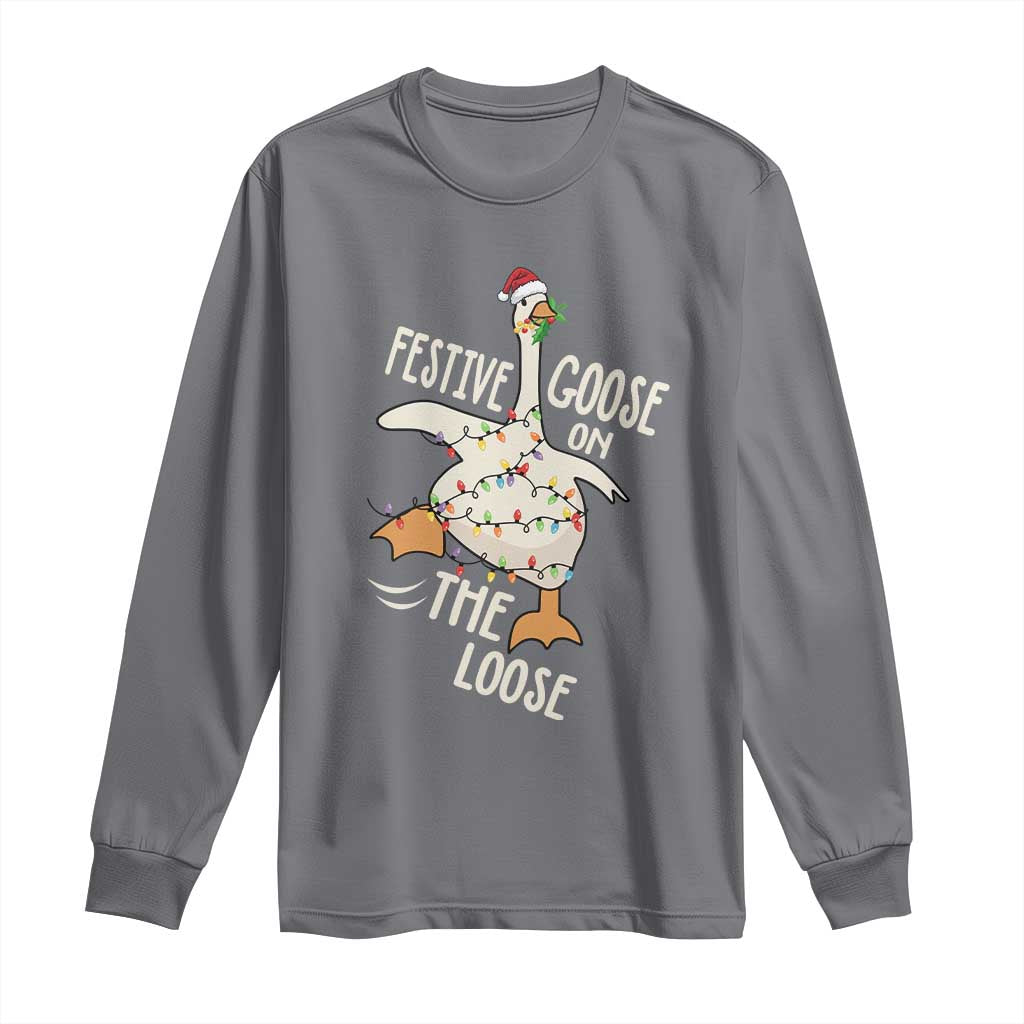 Funny Goose Christmas Long Sleeve Shirt Festive Goose On The Loose Xmas Lights TS11 Charcoal Print Your Wear