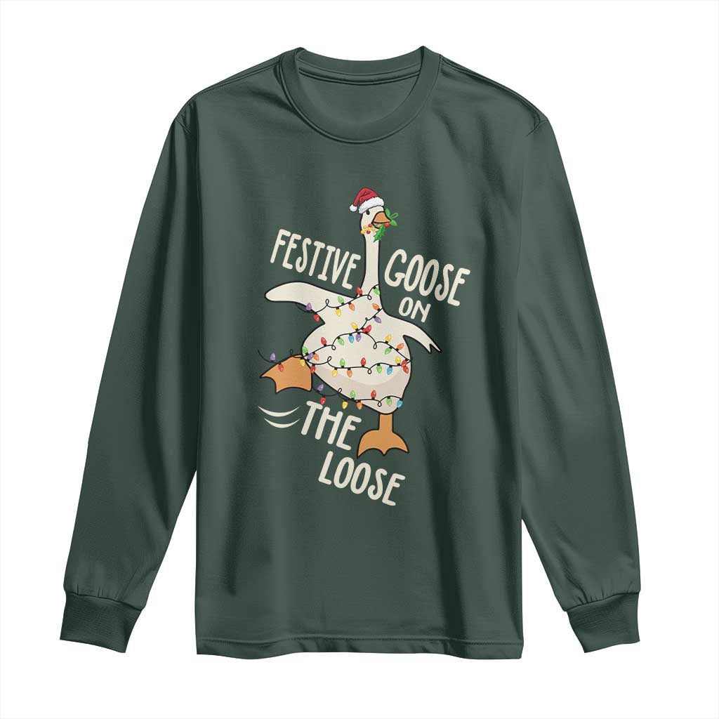 Funny Goose Christmas Long Sleeve Shirt Festive Goose On The Loose Xmas Lights TS11 Dark Forest Green Print Your Wear