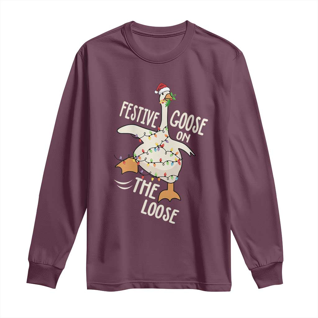 Funny Goose Christmas Long Sleeve Shirt Festive Goose On The Loose Xmas Lights TS11 Maroon Print Your Wear