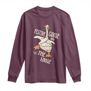 Funny Goose Christmas Long Sleeve Shirt Festive Goose On The Loose Xmas Lights TS11 Maroon Print Your Wear