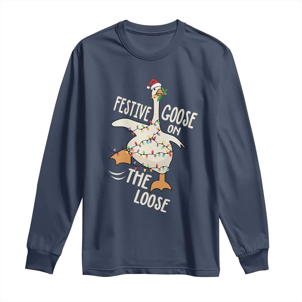 Funny Goose Christmas Long Sleeve Shirt Festive Goose On The Loose Xmas Lights TS11 Navy Print Your Wear