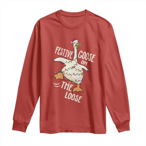 Funny Goose Christmas Long Sleeve Shirt Festive Goose On The Loose Xmas Lights TS11 Red Print Your Wear