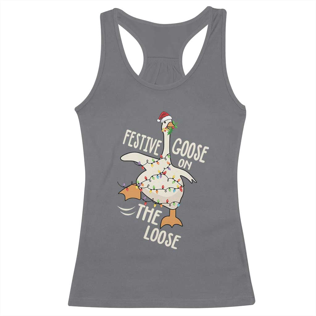 Funny Goose Christmas Racerback Tank Top Festive Goose On The Loose Xmas Lights TS11 Charcoal Print Your Wear