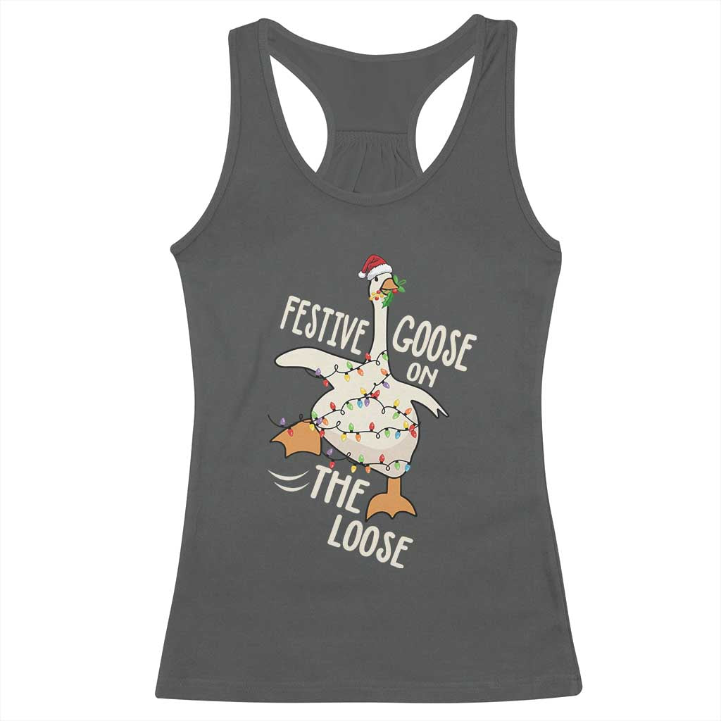 Funny Goose Christmas Racerback Tank Top Festive Goose On The Loose Xmas Lights TS11 Dark Heather Print Your Wear