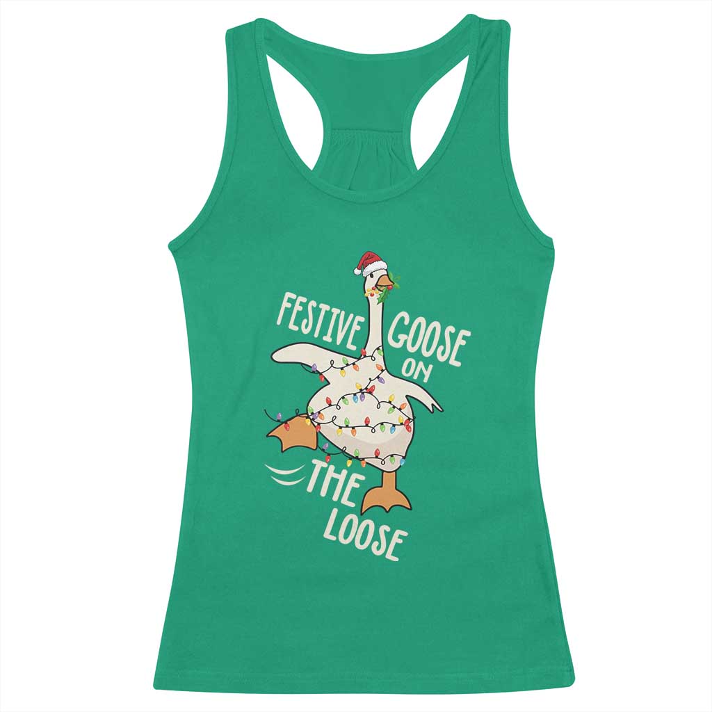 Funny Goose Christmas Racerback Tank Top Festive Goose On The Loose Xmas Lights TS11 Irish Green Print Your Wear