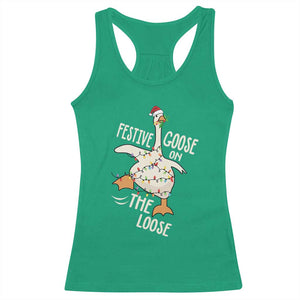 Funny Goose Christmas Racerback Tank Top Festive Goose On The Loose Xmas Lights TS11 Irish Green Print Your Wear